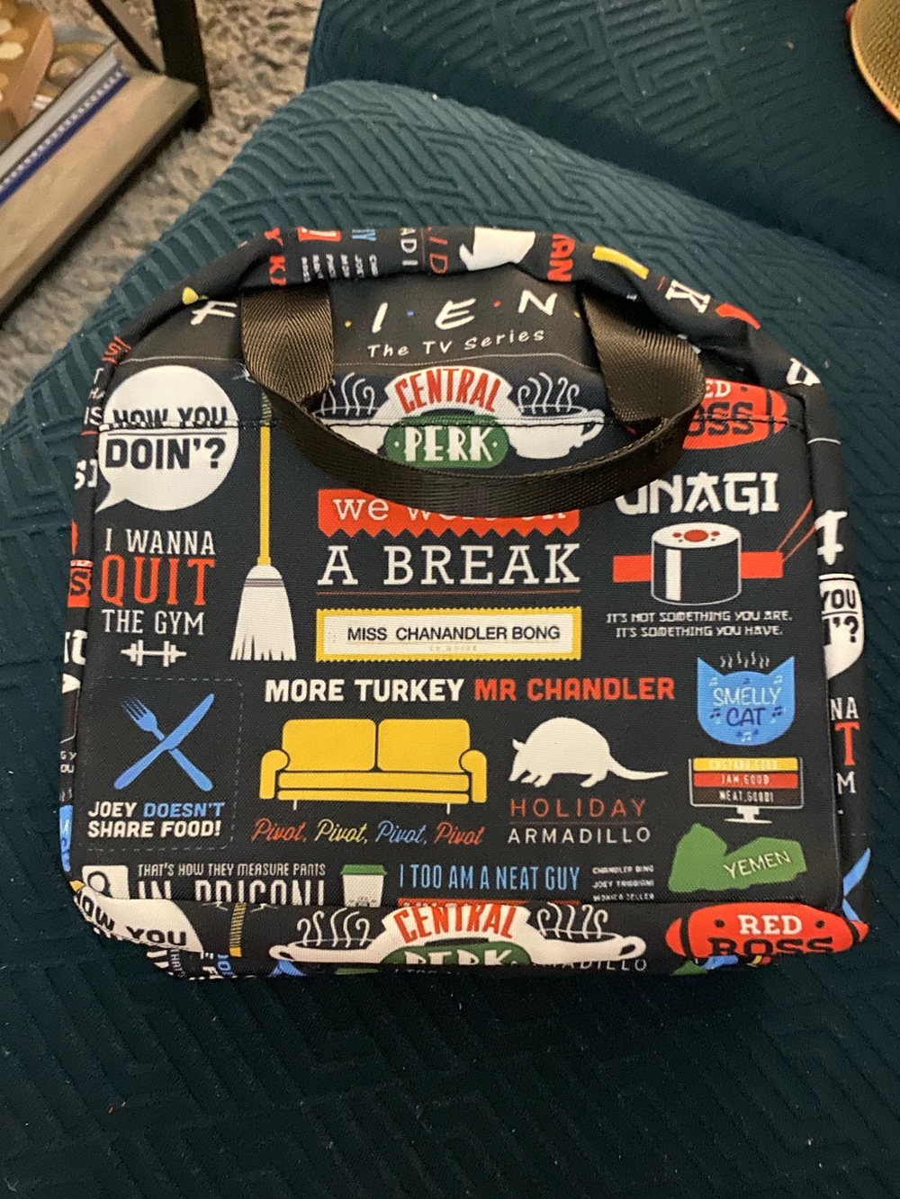 Central Perk Patterned Black Canvas Lunch Bag With Handles